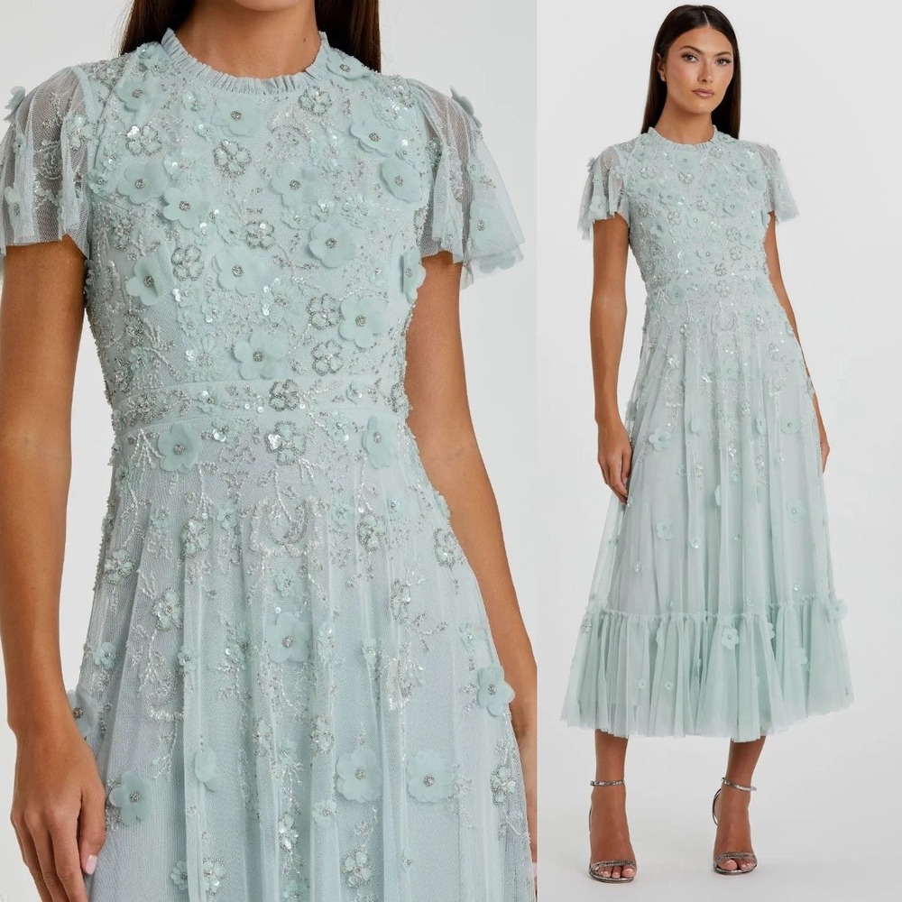 Mac Duggal Mint Green Floral Appliqué Midi Dress